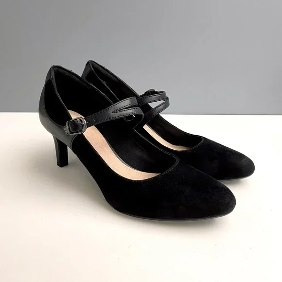 Clarks Dancer Reece black suede mary jane heels size 10M